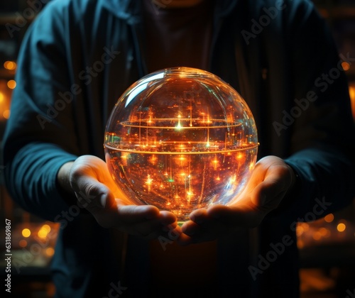 Hands holding an atomic globe . Generative AI photos.