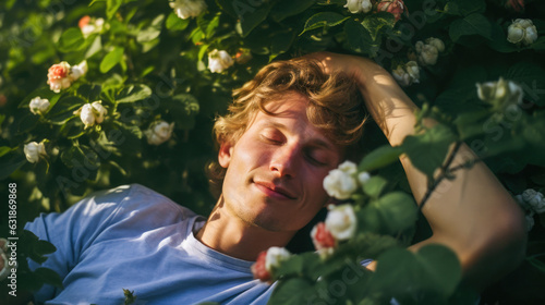 young handsome man is sleeping in a flower bed
