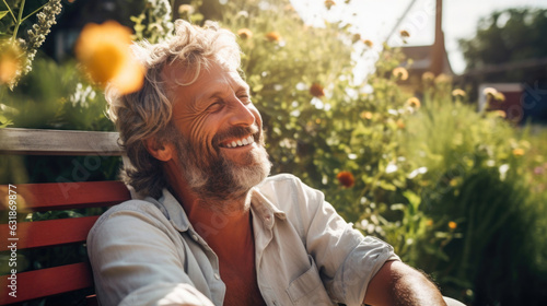 happy mature man sitting in the garden and smiling