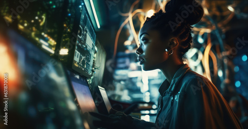 black woman using technology, multicultural diversity future technology