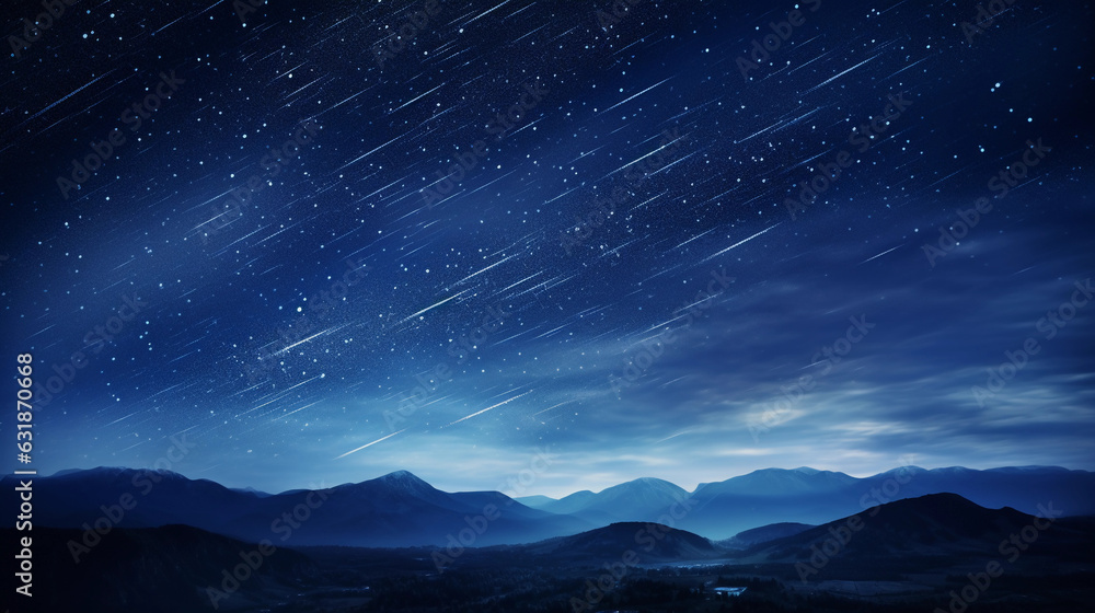 landscape, meteor shower against a dark night sky, bright streaks of light falling diagonally, monochromatic shades of blue, high contrast, dreamy and captivating, long exposure effect