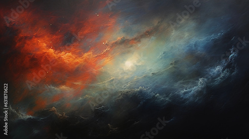 A nebula exploding in vibrant colors against a black canvas, resembling an abstract painting, distant stars twinkling, stardust scattered across the frame, celestial beauty, oil on canvas texture, imp