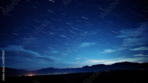 landscape  meteor shower against a dark night sky  bright streaks of light falling diagonally  monochromatic shades of blue  high contrast  dreamy and captivating  long exposure effect
