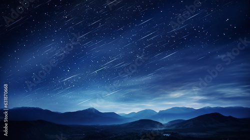 landscape, meteor shower against a dark night sky, bright streaks of light falling diagonally, monochromatic shades of blue, high contrast, dreamy and captivating, long exposure effect