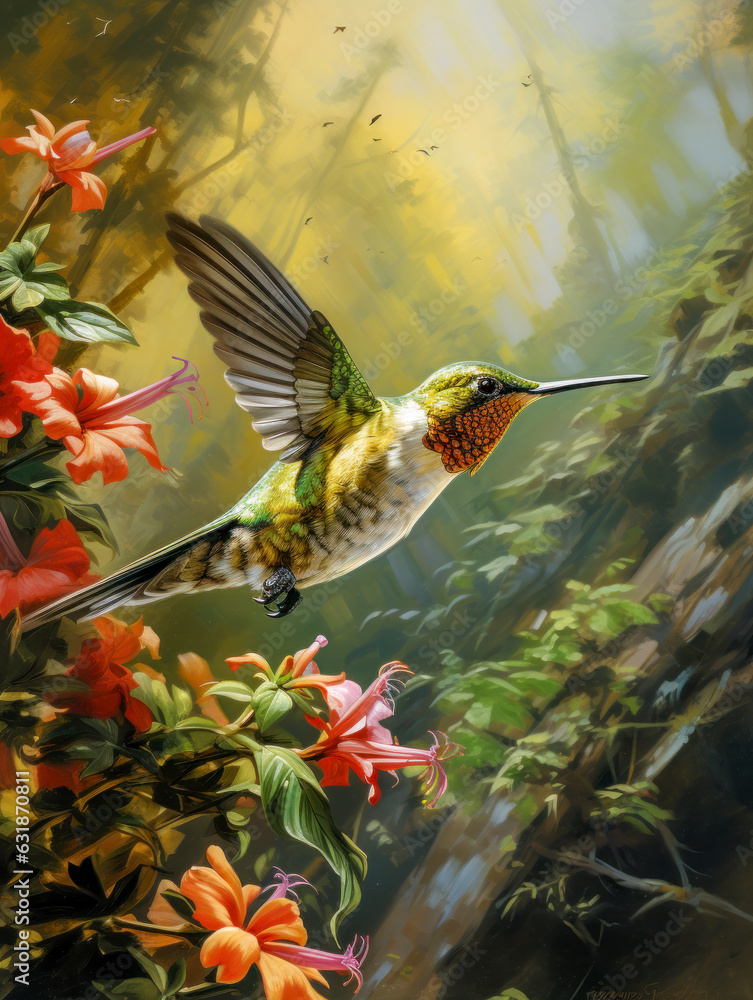 Bunter Kolibri sammelt Nektar an Blüten von tropischen Blumen, generative KI - obrazy, fototapety, plakaty 