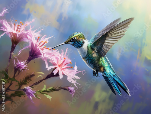 Bunter Kolibri sammelt Nektar an Blüten von tropischen Blumen, generative KI photo