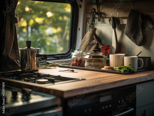 Detail shot, vanlife kitchen setup, stainless steel appliances, wooden countertops