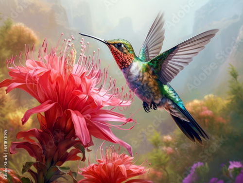 Bunter Kolibri sammelt Nektar an Blüten von tropischen Blumen, generative KI photo