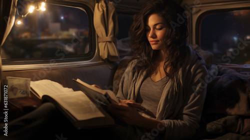 Hyperrealistic charcoal sketch of a woman reading inside a cozy camper van with fairy lights and boho chic decor, soft warm lighting, moody ambiance