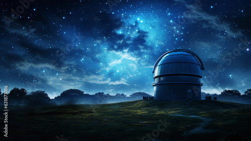 an astronomer's observatory, nestled in a field, under a star - studded sky, domed telescope silhouette against the vast cosmos, fisheye lens effect, high contrast, deep saturated blues and blacks