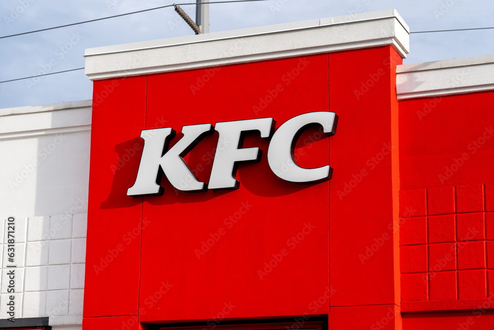 Close up of KFC logo on the building at its World's First KFC (Kentucky