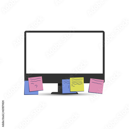 A computer with a blank screen and sticky notes on it.