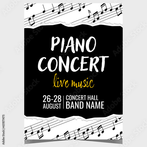 Piano music concert Vector illustration for live with white musical notes on the black background. Promo poster or banner, invitation leaflet or flyer for classical piano music concert or festival.