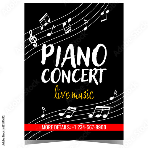Live piano music concert banner with white musical notes on the black background. Classical piano music festival or concert announcement, invitation leaflet or flyer to listen a sonata or symphony.