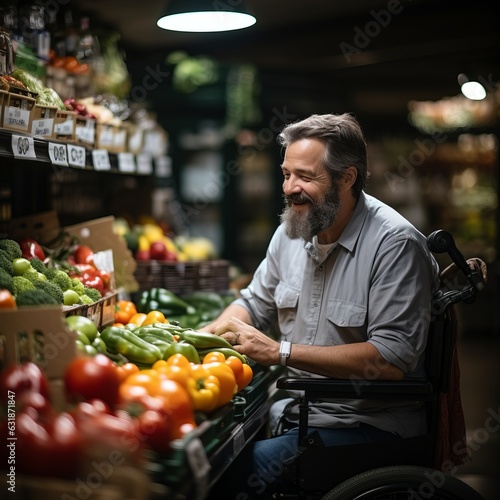 An adult man in a wheelchair buys vegetables and fruits in a supermarket. Purchasing groceries by a person with a disability. Smiling guy in society. Generative AI
