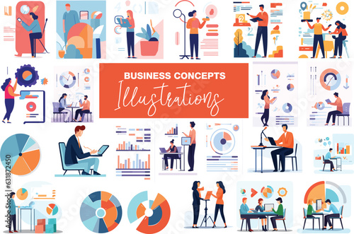 Business Concept illustrations. Mega set. Collection of scenes with men and women taking part in business activities. Vector illustration.
