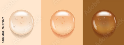 Transparent serum swatch on beige and brown background. Essential glycerin cream toner concept. Oily moisture smear puddle. Round wash fuid microscope realistic blob.