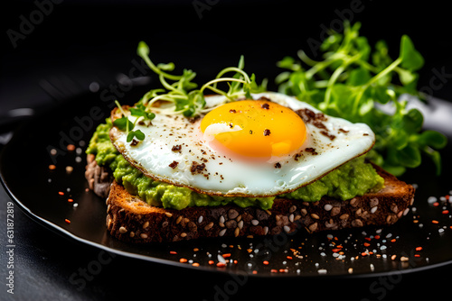 Bread slice with avocado and fried egg.