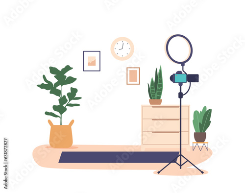 Camera-equipped Blogging Room With Vibrant Backdrops, Perfect Lighting, And Adjustable Tripod, Vector Illustration