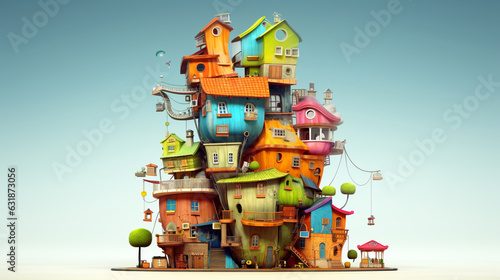 illustration of a fantasy castle with balloons and stairs
