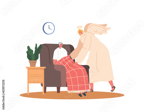 Attentive Angel Guardian Character Providing Compassionate Care And Companionship To Elderly Woman In The Comfort