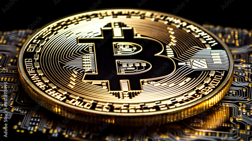 Gold plated bitcoin coin on a black background