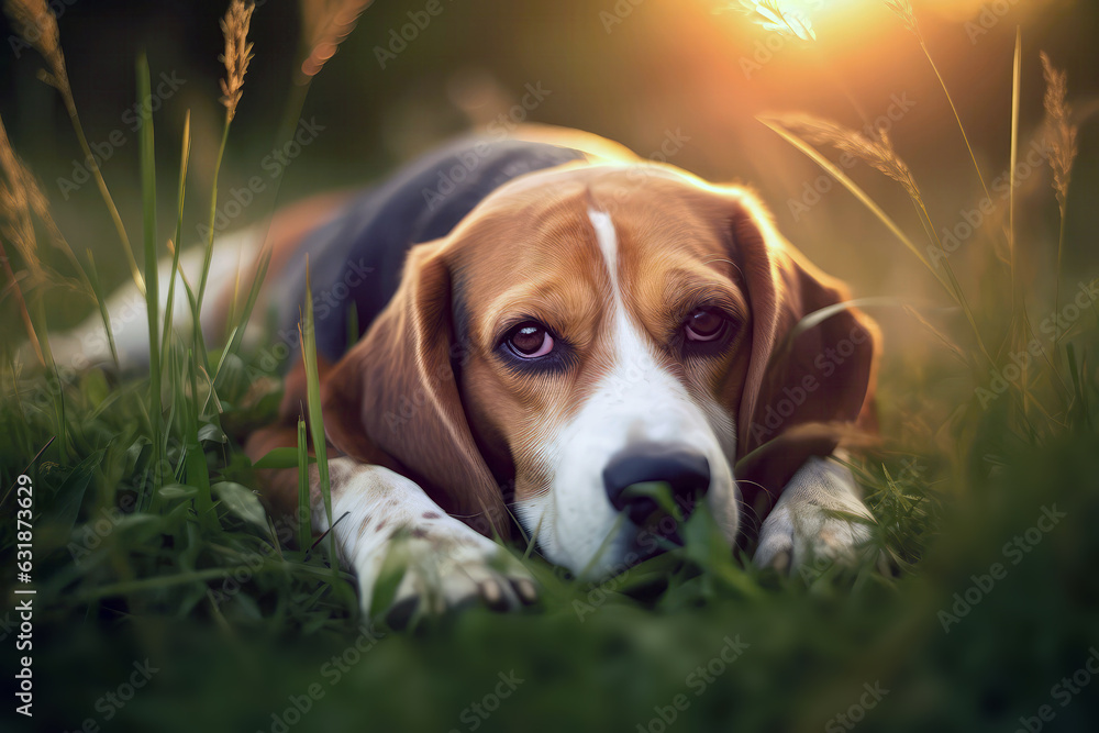 Beagle Dog Lies In The Beautiful Grass. Generative AI