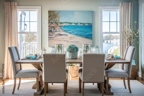 Lightfilled Dining Area With Rustic Coastal Table And Coastalinspired Artwork Coastal Interior Design. Generative AI