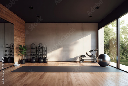 Minimalist Home Gym With Few Essential Workout Equipment Minimalist Interior Design. Generative AI