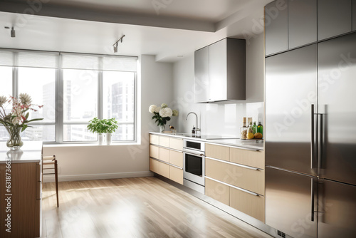 Minimalist Kitchen Featuring Stainless Steel Appliances And Streamlined Cabinets Minimalist Interior Design. Generative AI