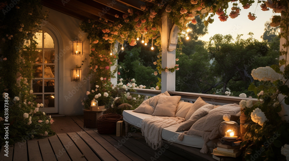 Charming alfresco lifestyle. A garden nook adjacent to the home. A summery twilight on the veranda or deck of a suburban residence adorned with blooms, flickering candles, and... Generative AI Charming alfresco lifestyle. A garden nook adjacent to the home. A summery twilight on the veranda or deck of a suburban residence adorned with blooms, flickering candles, and... Generative AI