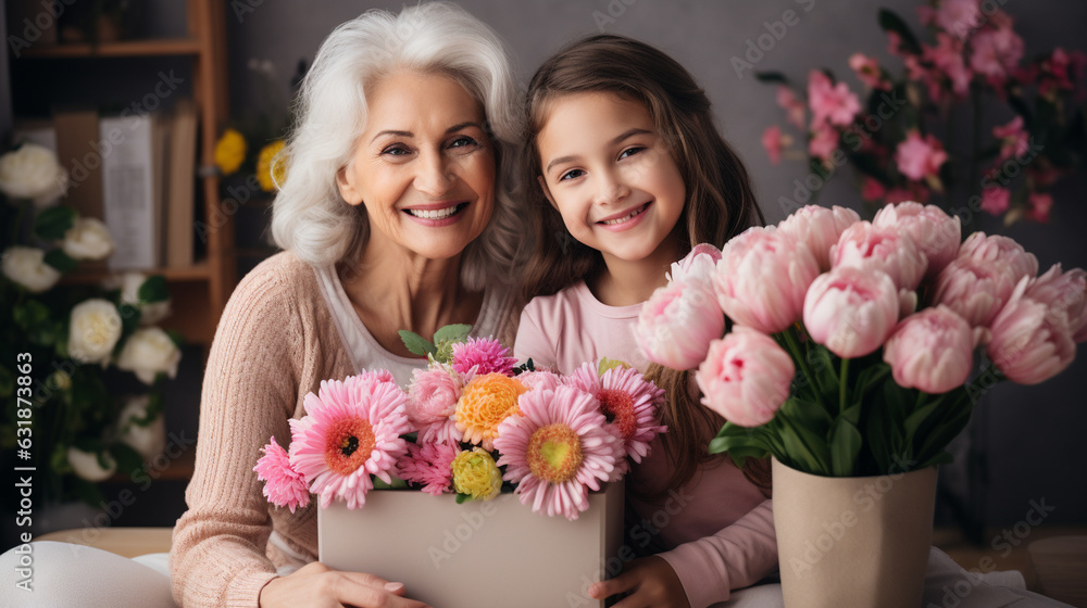 Joyful daughter and granddaughter presenting flowers and a gift to their grandmother in celebration of the spring holiday, International Women's Day. Generative AI