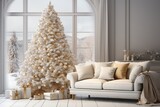 Beautiful decorated christmas tree and gift boxes in white living room with copy space over grey wall with lights and large window