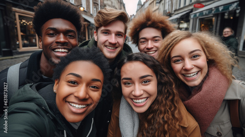 A diverse set of friends from different racial backgrounds capturing a selfie outdoors. A joyful gathering of young individuals, relishing their time while strolling through the ci Generative AI