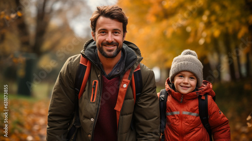 Young student wearing a smile  accompanied by his father  embarks on his journey to first grade on a sunny autumn day  all captured by the camera s lens. Generative AI