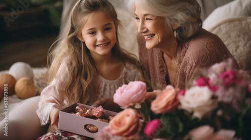 Joyful daughter and granddaughter presenting flowers and a gift to their grandmother in celebration of the spring holiday  International Women s Day. Generative AI