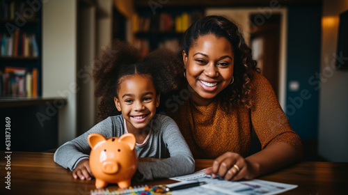 Financial literacy. African American mother and her daughter are at home, counting their savings using a piggy bank. Generative AI