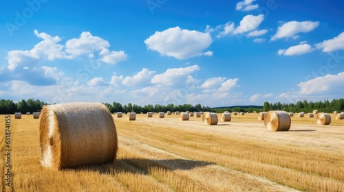 Harvested field with straw bales in summer, panoramic view