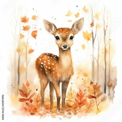 Watercolor illustration of a deer in the autumn forest.