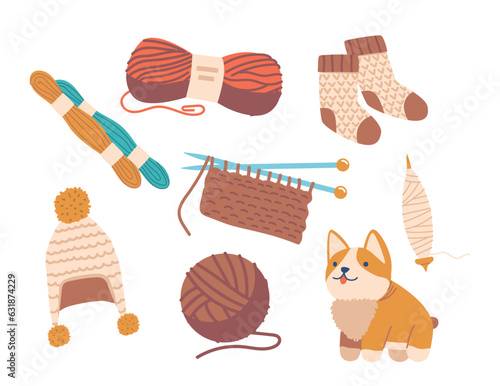 Warm And Cozy Sheep Wool Items, Such As Yarn, Toy, Socks and Hat. Clew, Knitting and Spindle, Offer Natural Insulation