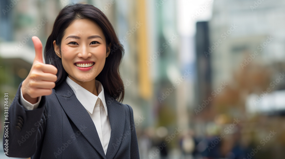 Young smiling Japanese, asian business woman doing OK pose with copyspace for text