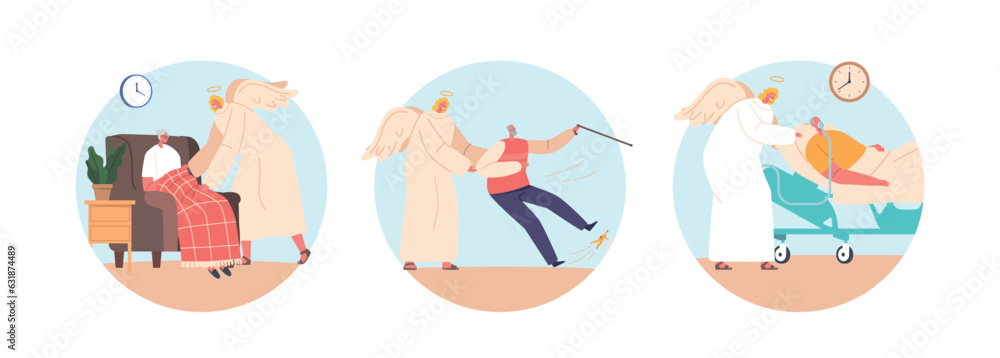 Naklejka premium Isolated Round Icons of Angel Guardians Protect And Support Elderly People, Guiding Them Through Challenges