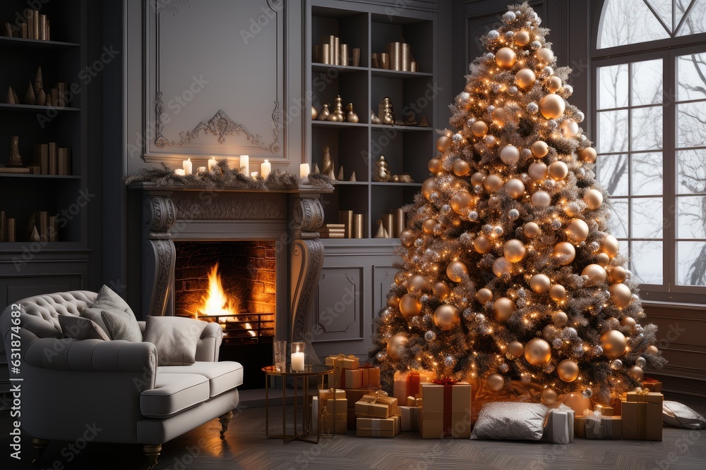 large beautiful decorated christmas tree and gift boxes in dark moden living room with fireplace and large window, copy space. Winter holidays concept.