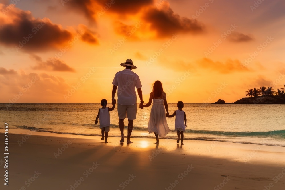 A family  holding hands while walking on a beautiful beach created with Generative AI technology