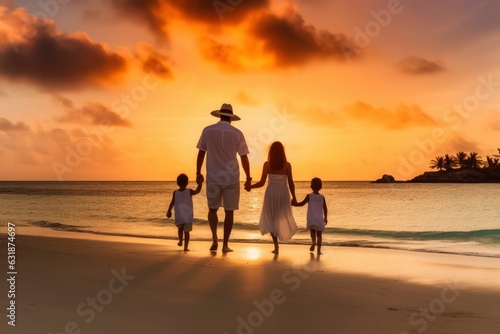 A family holding hands while walking on a beautiful beach created with Generative AI technology