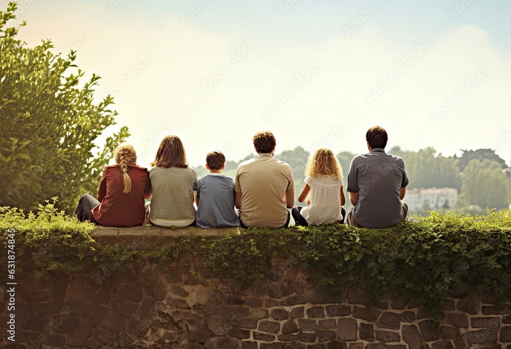 A group of people sitting on top of a stone wall created with Generative AI technology