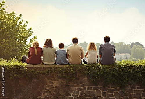 A group of people sitting on top of a stone wall created with Generative AI technology © Karlaage