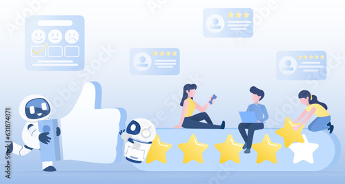 Artificial intelligence (AI) technology and customer satisfaction concept. Online technology review, give 5 star, thumb up, positive review, customer loyalty. Flat vector design illustration.