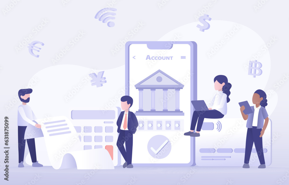 Online banking, account login, saving and mobile payment. Digital wallet, electronic statement, NFC (Near Field Communication) easy payment, exchange currency. Flat vector design illustration.