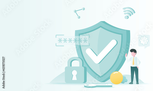 Data protection concept. Safety and security technology, password, access to account, firewall, identity, verify. Finance protection from online threat. Flat vector design illustration.